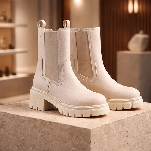 TINSTREE Shoes - TINSTREE Chelsea Boots Womens Size 8 white Mid-Calf Lug Sole Pull-On